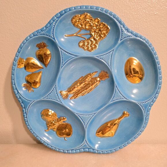 Vintage 70's Handcrafted appetizers platter pottery tray in Blue and Gold - Picture 1 of 7